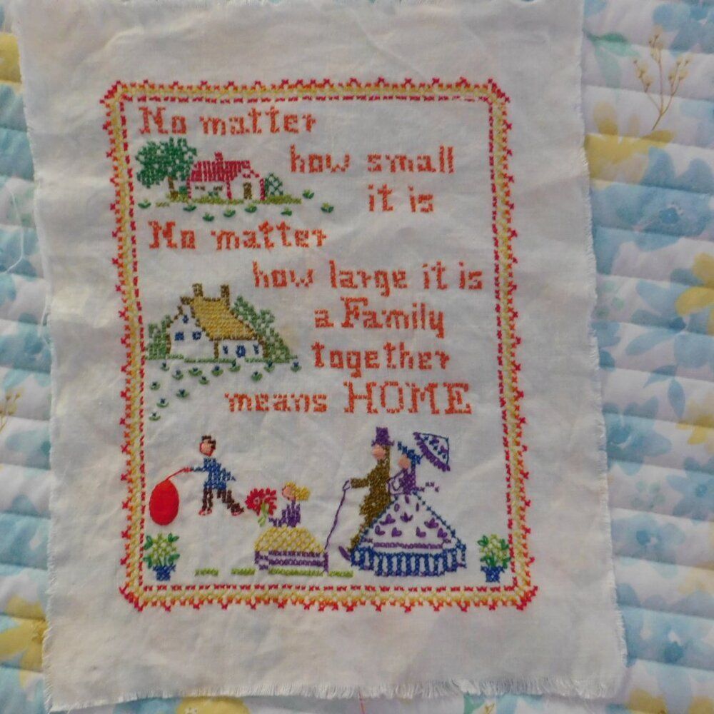 Vintage Cross Stitch Sampler Colonial Cottagecore Family Home Quote 11" x 13" - Picture 5 of 5